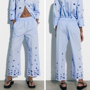 Zara Jewel Poplin Pants pastel blue wide leg rhinestones sz XL NEW NWT (w/ flaw)